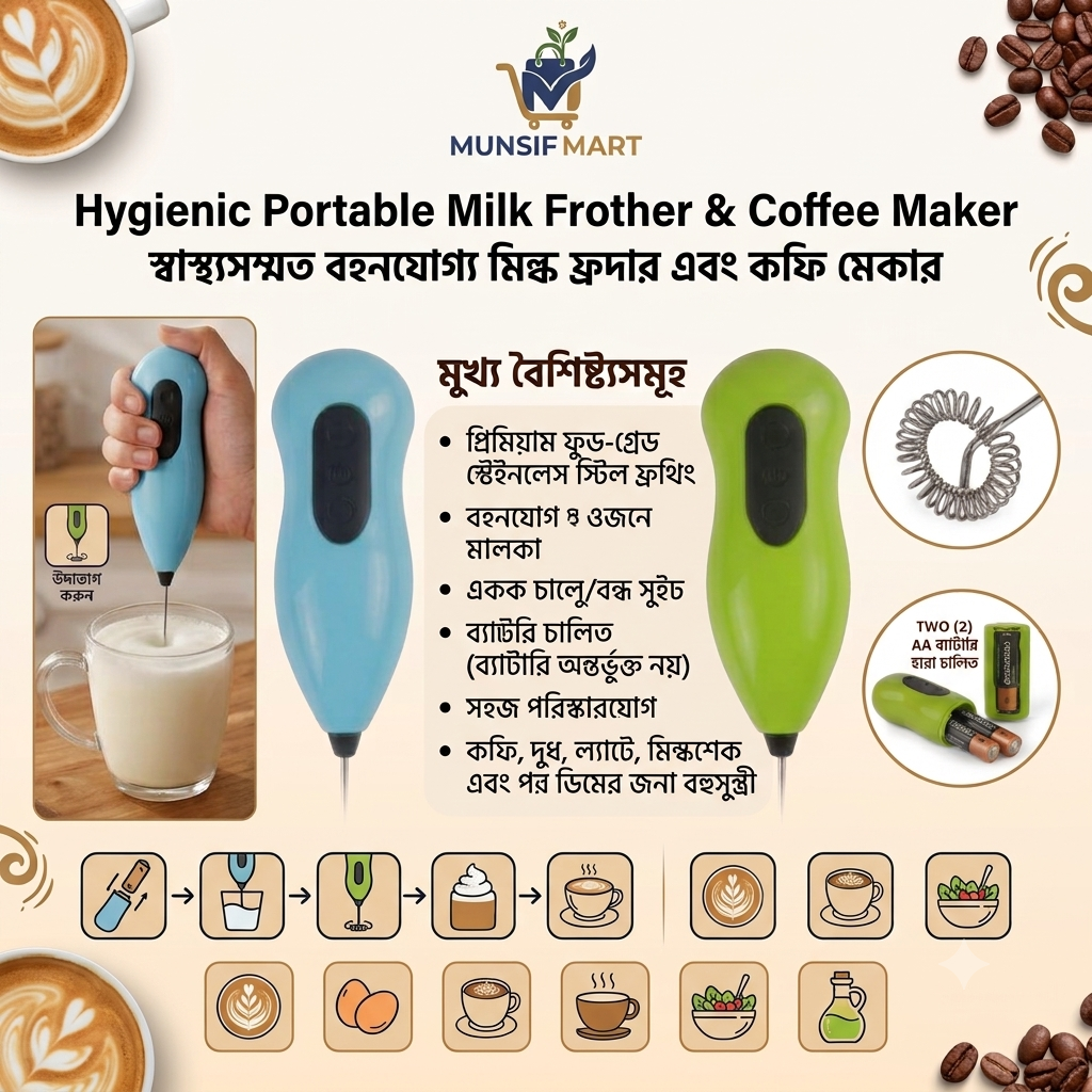 Portable Handheld  Milk Frother & Coffee Maker  – হ্যান্ডহেল্ড  মিল্ক ফ্রদার ও কফি মেকার